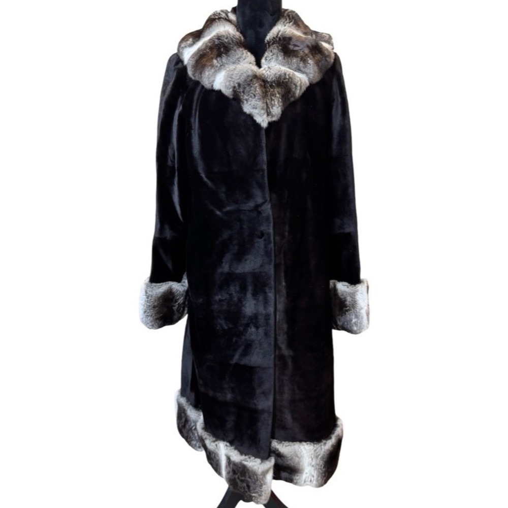 J. Mendel Paris Sheared Mink Coat Chinchilla Fur Trim Black Long Jacket Luxury